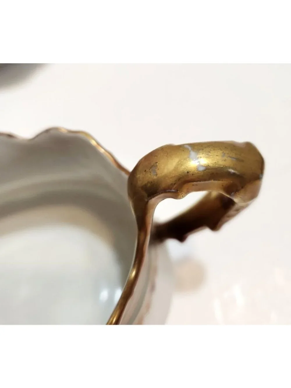 Antique Limoges France B&H Gold Green Trim Porcelain Gravy Boat Underplate READ